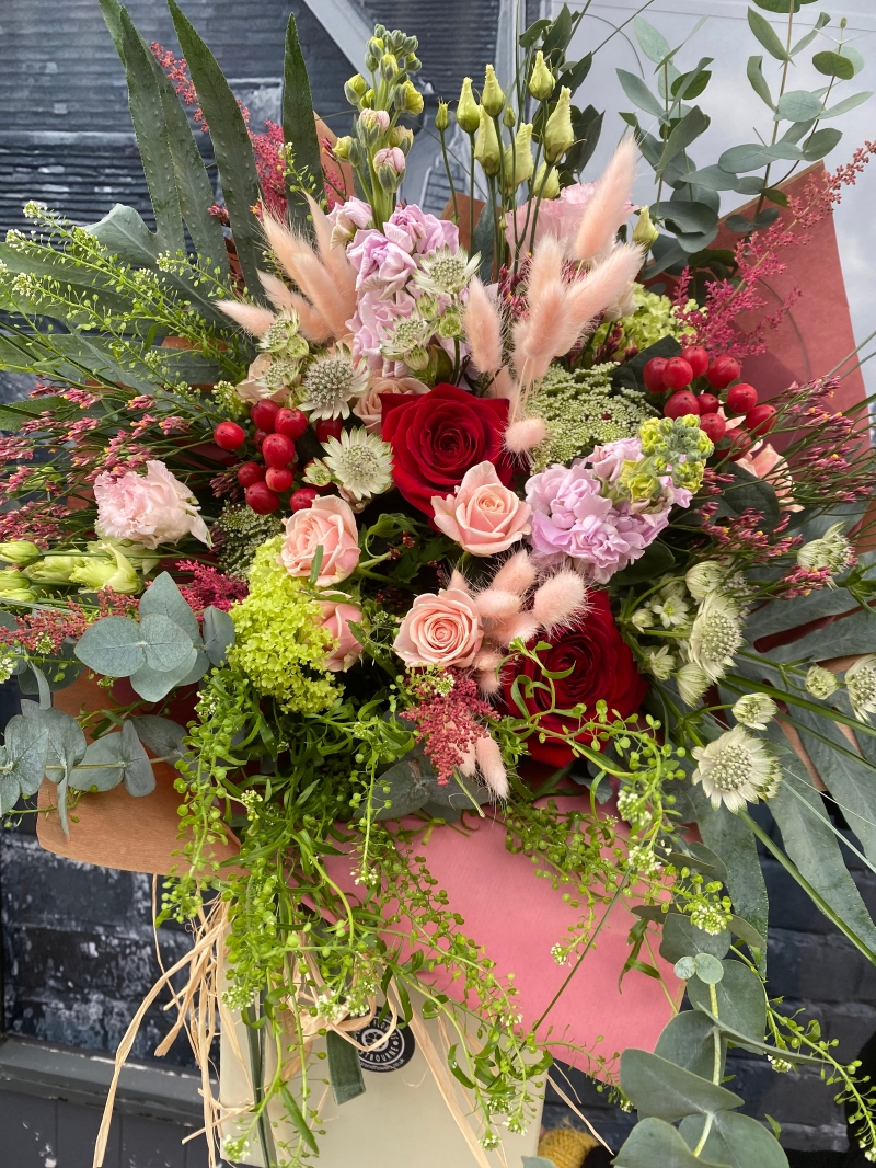 Red and Pink rose flower bouquet by Grand Flowers available for delivery