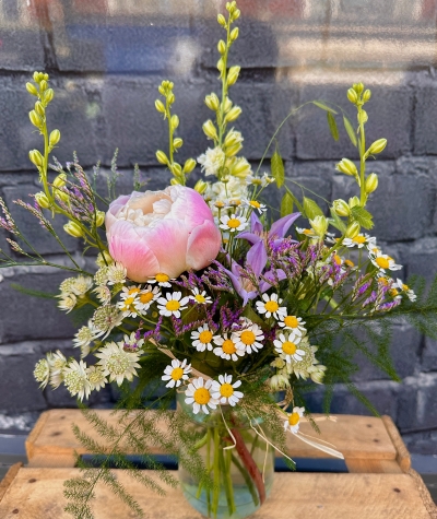 Recycled Jam Jar of fresh flowers