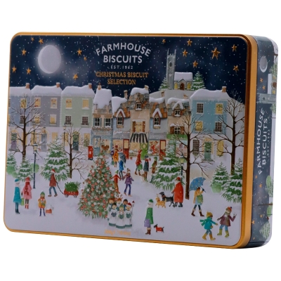 Christmas Village scene tin of assorted biscuits