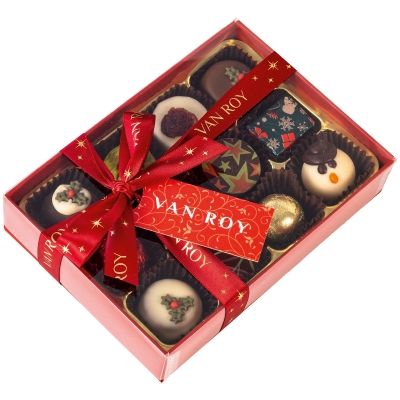 Deluxe Christmas gift box of 12 chocolates with clear lid