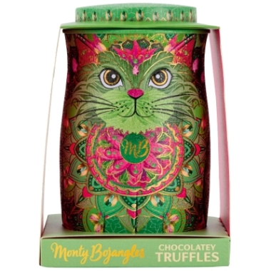 Jade Mirage cat tin of pistachio marooned cocoa truffles
