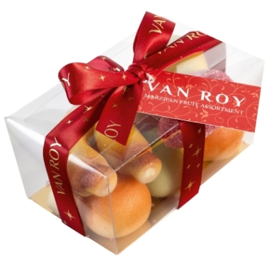 Premium marzipan fruits in clear ballotin with ribbon